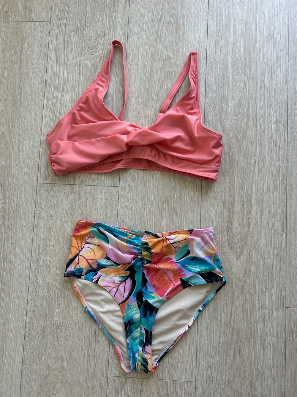Coral Twist Bikini Top with Tropical High-Waist Floral Bottoms
